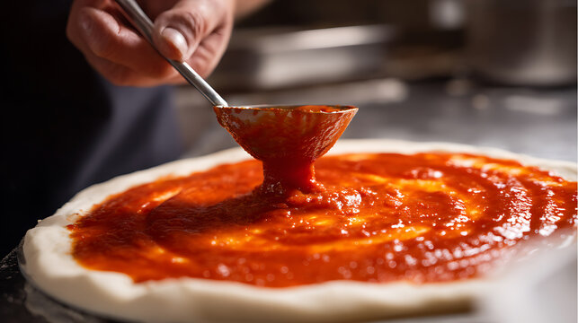 Chef Hand Spreads Rich Red Tomato Sauce Across Fresh Pizza Dough with a Ladle, Crafting a Delicious Culinary Creation from Scratch in a Kitchen Setting