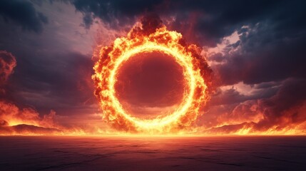 Fototapeta premium Cosmic Inferno Portal A central, monumental fiery ring blazes above a scorched earth and burning horizon, framed by dark, stormy clouds â€“ an apocalyptic gateway of immense energy.