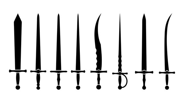 Set of medieval sword silhouettes and ancient battle blade icons with medieval