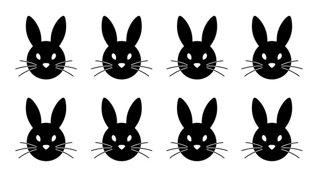 Eight black bunny head icons arranged in rows on white background with whiskers
