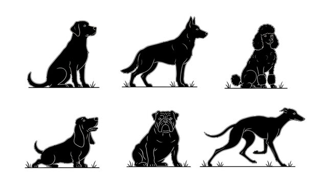 Textured silhouettes of various dog breeds in different poses with silhouette