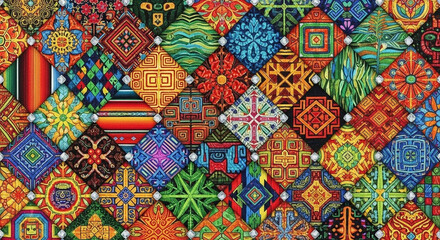 Fototapeta premium Intricate mosaic of vibrant, colorful, hand-stitched ethnic textile patterns forming a decorative, abstract geometric background with detailed textures.