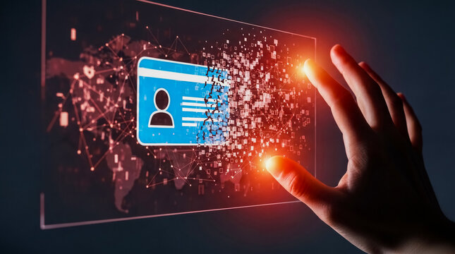 A hand reaches toward a glowing digital ID card interface as pixelated data fragments scatter across a connected network background, representing identity, data security, and biometric authentication 