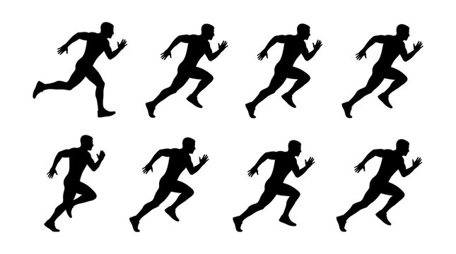 Silhouettes of a man running and sprinting in various motion sequence poses