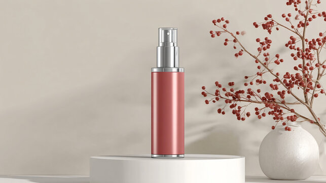 Elegant Dispenser Bottle: A minimalist and chic dispenser bottle, likely for skincare or cosmetics, rests on a white podium with soft shadows, complemented by delicate red berry branches in a vase.