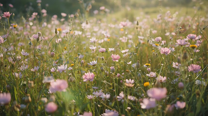 Obraz premium Beautiful Field of Pink and White Wildflowers Blooming in Soft Golden Sunlight with Dreamy Bokeh for Serene Nature Backgrounds and Spring Themes