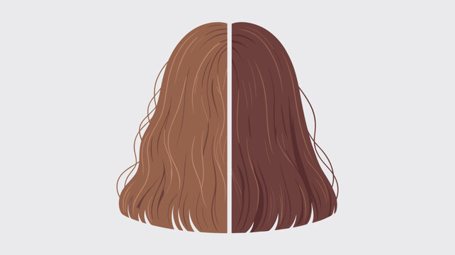 A split composition displays a comparison between textured wavy brown hair and sleek straight dark hair on a soft neutral gray background in a clean vector style.