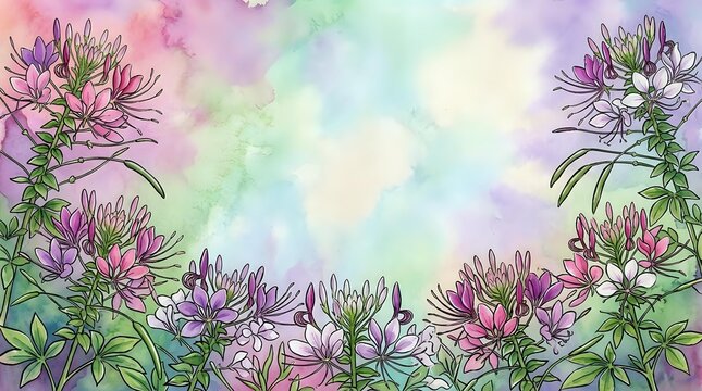 Watercolor floral frame with purple cleome flowers on pastel rainbow background for greeting cards, invitations and decorative design projects.