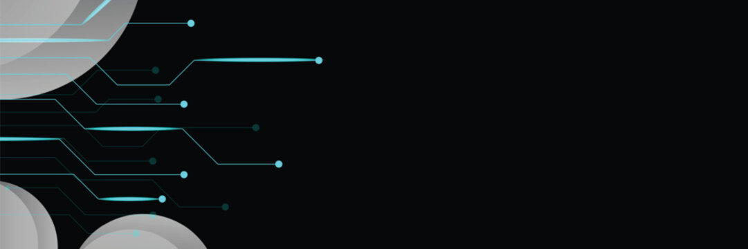 Abstract futuristic circuit board pattern with glowing blue lines and circles on a dark background, technology concept