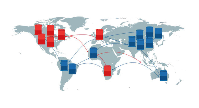 Global oil barrels distribution map with trade routes