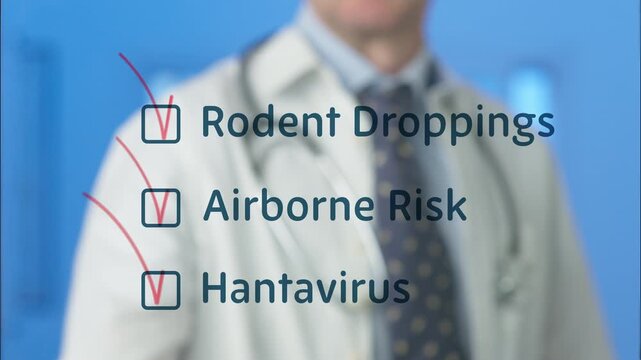 Medical professional with a stethoscope using a red marker on a digital screen to check a list of hantavirus risk factors, including rodent droppings and airborne transmission hazards