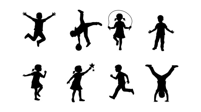 Set of playful children silhouettes with children silhouette gymnastics