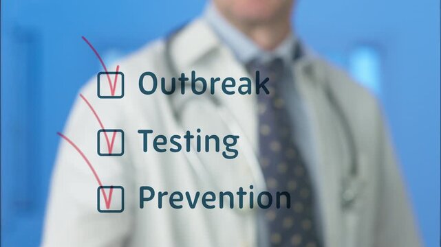Professional doctor with a stethoscope checking off boxes for outbreak, testing, and prevention on a virtual screen, symbolizing a comprehensive strategy for managing a public health crisis hantavirus