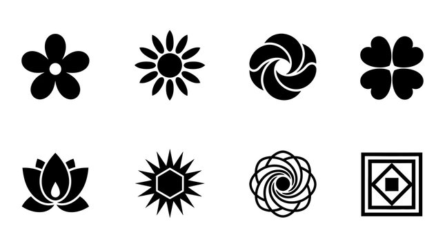 Decorative black floral and geometric icon set for branding and logo design