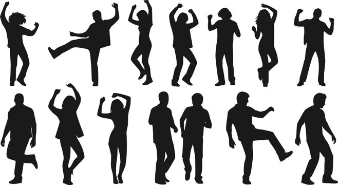 Dancing People Silhouette Vector Set: Diverse Dancers in Dynamic Poses, Party and Celebration Icons on White Background