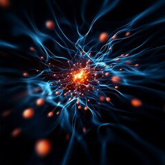 Fototapeta premium Energetic neural burst a glowing orange core radiates countless particles, interconnected by dynamic, swirling blue tendrils against a deep black void. Synapse, Connection