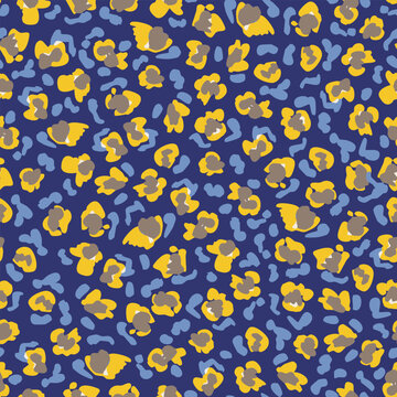 Hand drawn, leo spots aop, Cheetah, leopard skin, all over surface print on dark blue background. Random placed, animal print as seamless repeat pattern. 