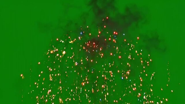 Fireworks explosion, colorful sparks, green background, festive celebration, pyrotechnic display