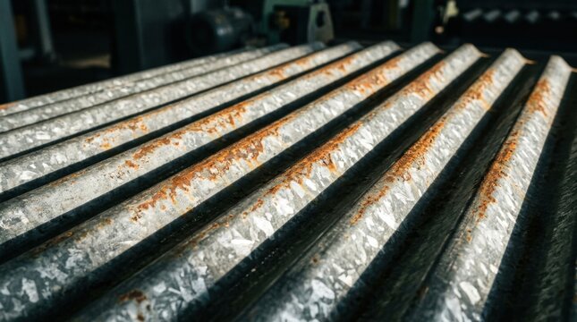 Close-up view of rusty metal rods arranged in a parallel pattern, showing corrosion.