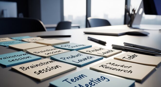 Office table with sticky notes for team meetings