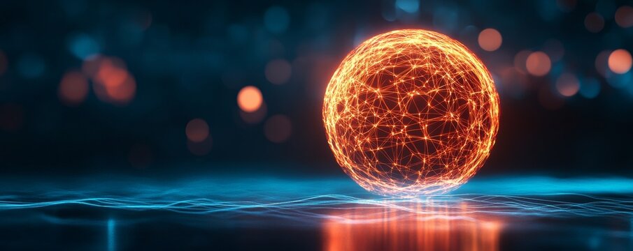 Futuristic AI Data Node Vibrant orange plexus sphere on reflective blue digital waves, symbolizing global network energy. ,Technology ,Abstract