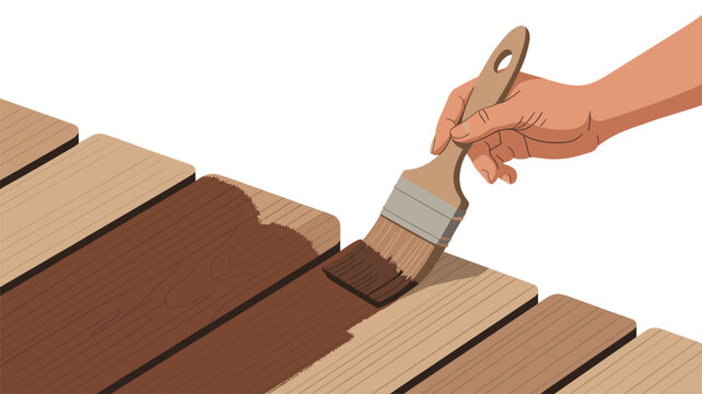 A person uses a handheld brush to apply a dark brown wood stain to the light natural surface of wooden planks on an outdoor deck during a renovation project.