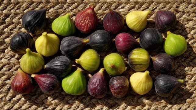 A Palette of Figs: A vibrant collection of fresh figs, each showcasing a unique hue and texture, lies invitingly on a textured surface, ready to tantalize the taste buds and spark the imagination.