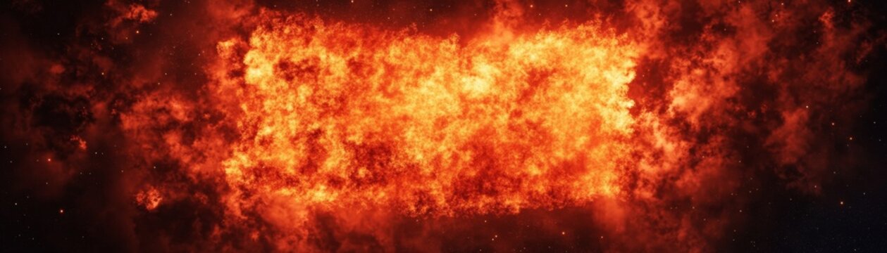 Intense orange-red plasma burst forming a rectangular nebula, amidst glowing cosmic dust and stars, depicting a powerful energy release in space. Cosmic, Nebula