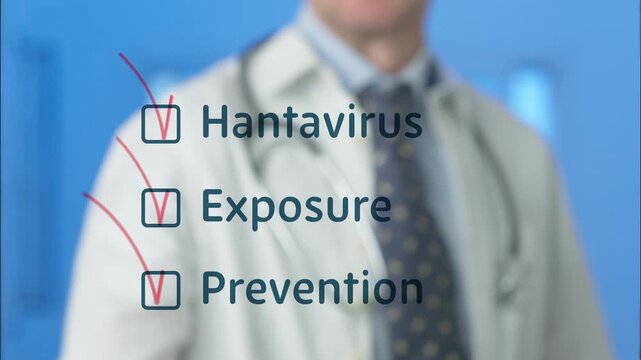 Male physician in a white coat using a digital interface to check off boxes for hantavirus, exposure, and prevention, focusing on the importance of medical screening and disease awareness