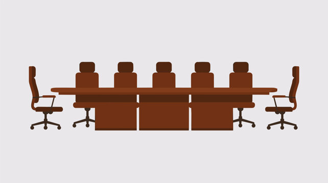 A side view of a formal boardroom table crafted from polished wood surrounded by seven dark brown office chairs on a light grey background for professional meeting concepts.