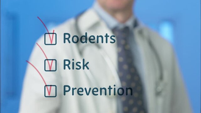 Medical professional in a lab coat using a red marker to check off items on a digital list, highlighting the health risks associated with rodents and the importance of disease prevention, hantavirus
