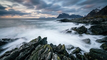 Obraz premium Dramatic Coastal Scene - Waves Crashing Against Rocky Shoreline Under Cloudy Sky.