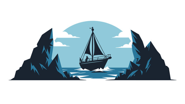 A nautical sailboat passes in front of a large circular blue sun icon framed by two sharp dark blue rocky monoliths against a plain white background.