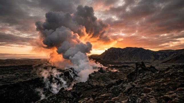 Dramatic volcanic eruption at sunset, showcasing smoke, lava, and fiery sky over rugged terrain.