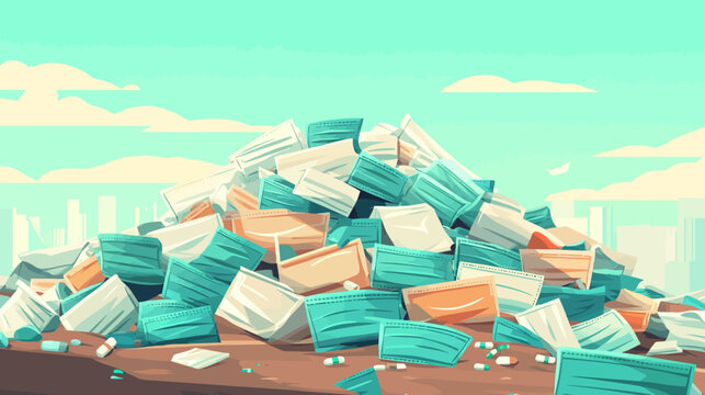Large heap of discarded face masks and pills under cloudy sky