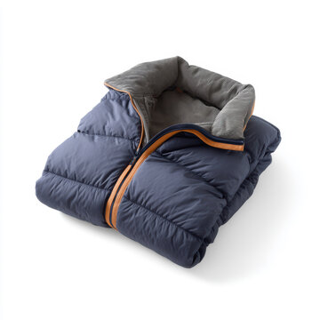 Folded Navy Puffer Jacket with Orange Trim and Striped Lining Digital Image Stock Photo Photography Detailed Shot