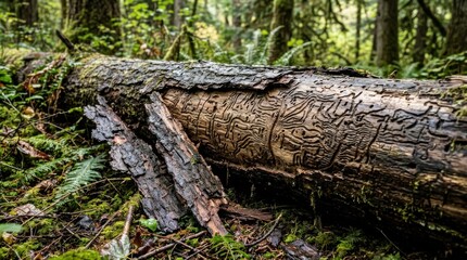 Fototapeta premium Fallen tree trunk in a lush green forest with intricate patterns on the bark.
