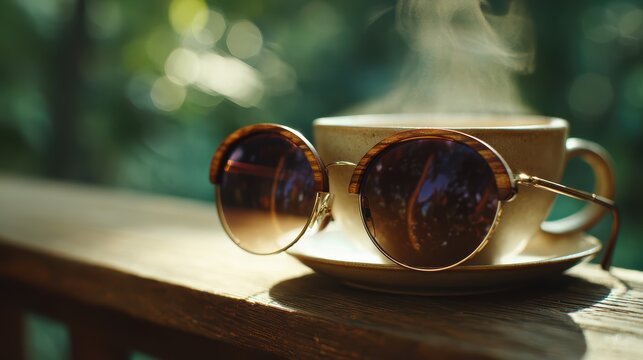 Serene Coffee Break: A pair of stylish sunglasses rests casually on a saucer, beside a steaming cup of coffee, creating a calming scene of relaxation. 