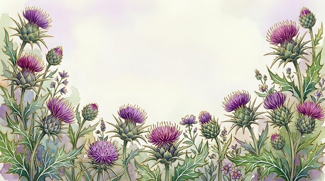 Watercolor thistle flowers border with purple blooms and green stems on soft background, copy space for text or greeting card design.