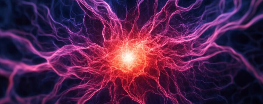 Vibrant abstract image of a central glowing core with intricate red and purple radiating tendrils on a dark background, visualizing neural impulses or cosmic energy. Neuron, Energy
