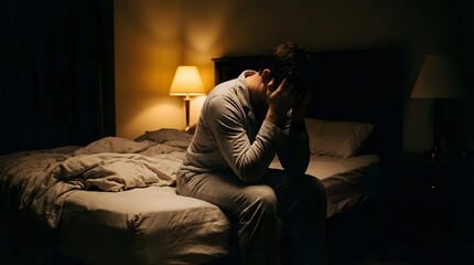 Fototapeta premium Depressed man sitting on bed edge holding head in hands in dimly lit bedroom with warm lamp light creating moody atmosphere for mental health concepts.