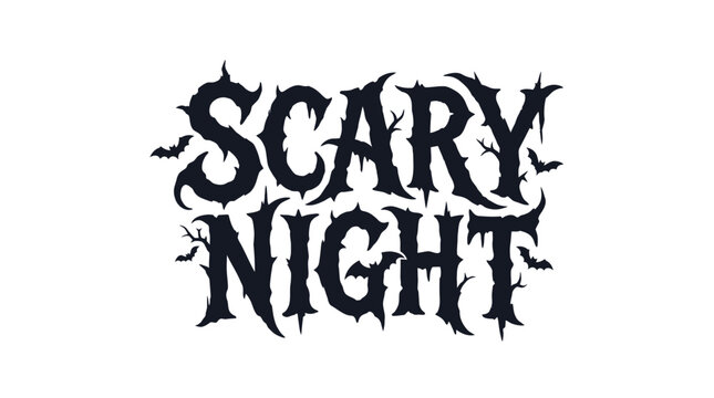 Typography displays the chilling words "scary night" surrounded by small bat silhouettes set against a clean and bright white background.