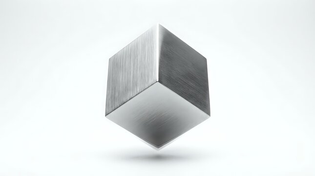 Metallic silver cube with brushed steel texture floating on white background. Modern geometric shape with reflective surfaces and shadow beneath.