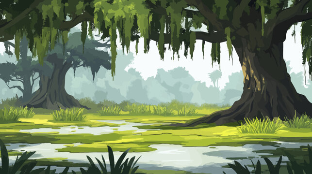 Vibrant, lush swamp scene with ancient trees and water