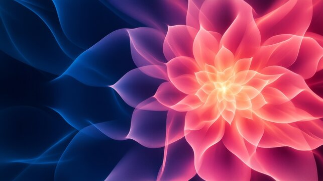 Vibrant fractal flower blooming into ethereal blue waves, a luminous digital abstract of contrasting light and fluid forms., Abstract Art, Digital Bloom