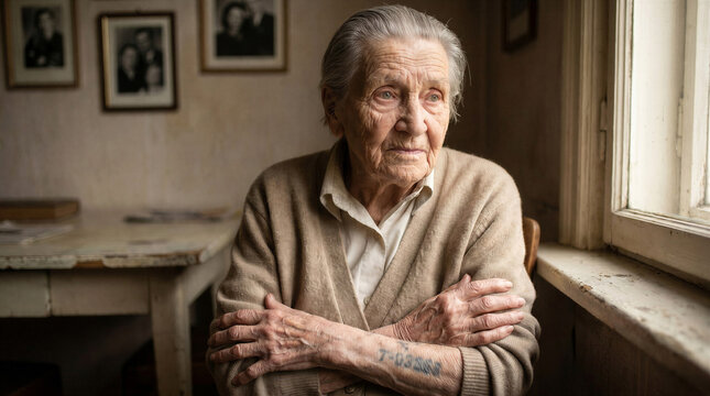 Pensive elderly woman with concentration camp numbers tattoo on her arm, looking out the window with sadness.