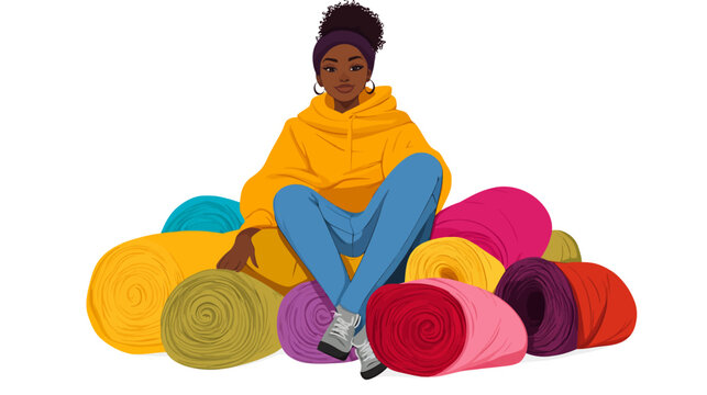 Woman sitting on colorful yarn spools, legs crossed, smiling
