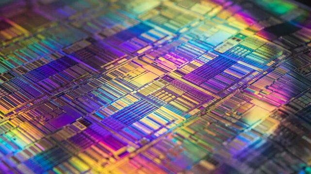 Iridescent Rainbow Diffraction Patterns on 300mm Wafer Surface Under Clean Room Lighting, Chip Manufacturing Technology
