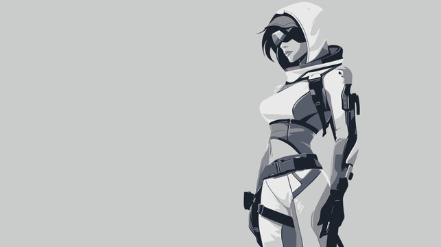 Female futuristic soldier in armor with hoodie and goggles stands