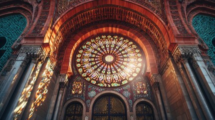 Obraz premium Ornate Architectural Grandeur: Capturing the intricate details of a historic building's facade, this image showcases a stunning stained glass window.